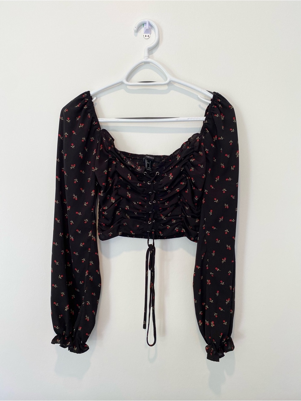 Black Floral Lace-Up Long Sleeve Bardot Top